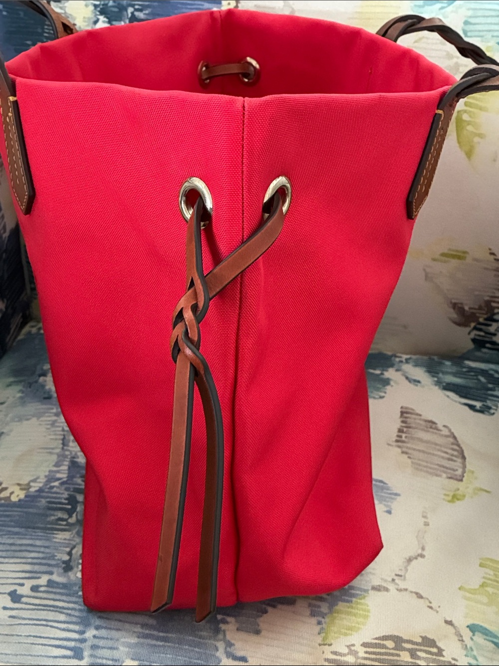 Dooney & Bourke Red Canvas Tote with Braided Brown Leather Straps - Picture 9 of 12